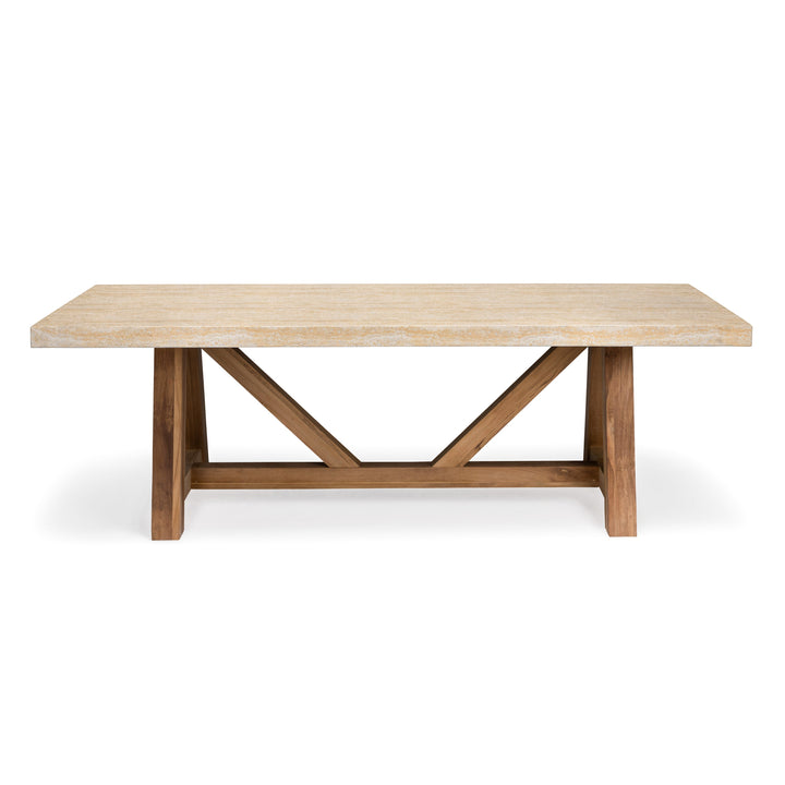 Travertine Concrete and Teak Trestle Outdoor Dining Table 94"