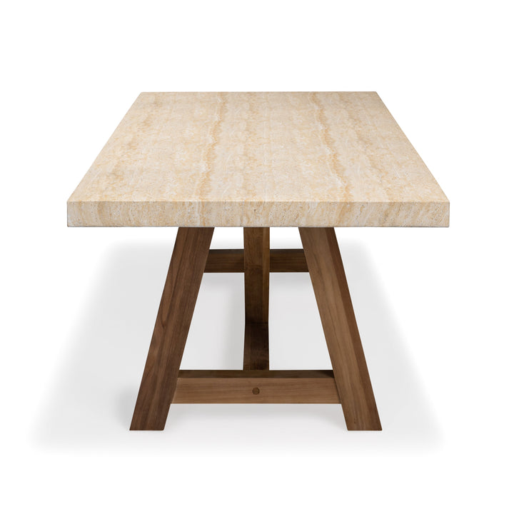 Travertine Concrete and Teak Trestle Outdoor Dining Table 94"