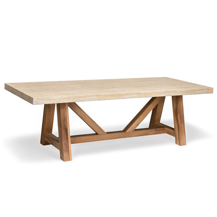 Travertine Concrete and Teak Trestle Outdoor Dining Table 94"