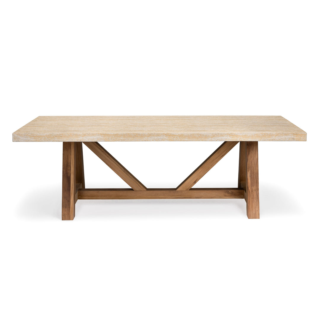 Travertine Concrete and Teak Trestle Outdoor Dining Table 94"