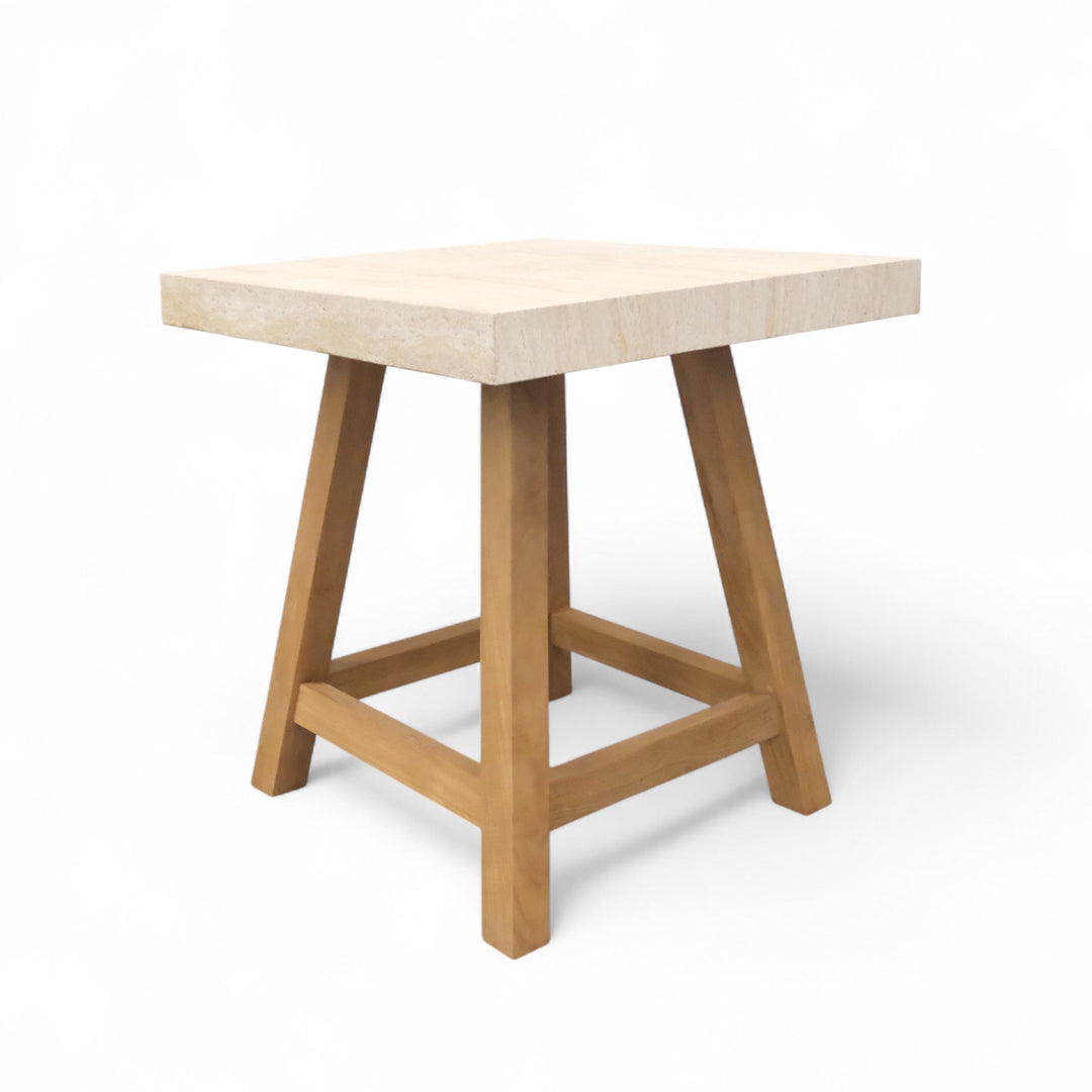 Travertine Concrete and Teak Outdoor Bar Table