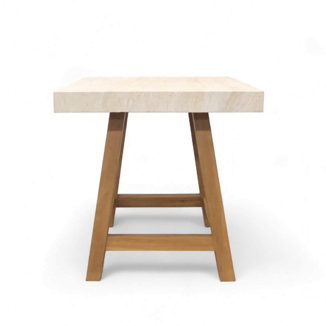 Travertine Concrete and Teak Outdoor Bar Table